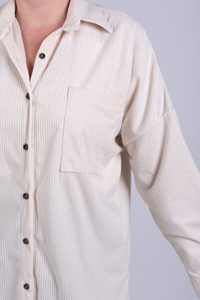 armonika Women's White Pocket Oversized Slim F Corded Fabric Velvet Shirt Arm-24K001076