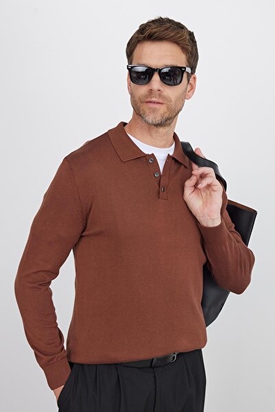 Tudors Men's standard fit regular cut cotton polo collar brown sweater