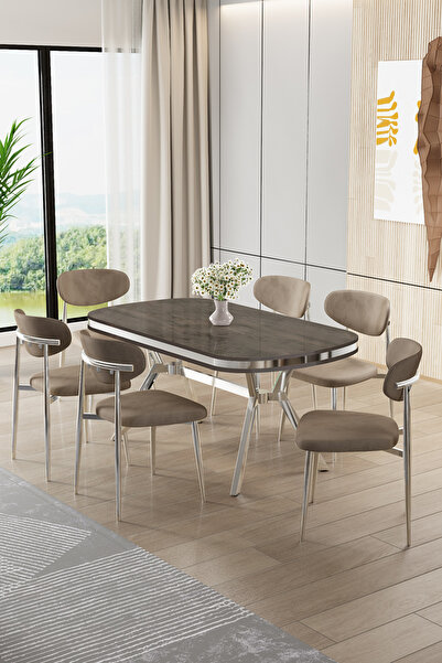 Canisa Olya Serisi 90x168 Lak Panel Antrasit İroni Masa Takımı Krom Ayaklı 6 ...