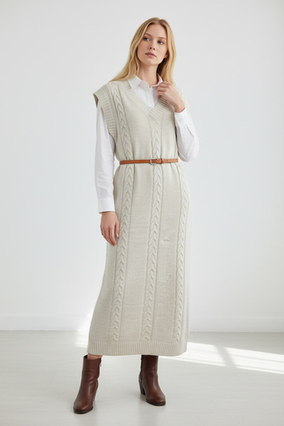 NEWCO V-Neck Sleeveless Knit Patterned Midi Knitwear Dress Soft Texture & Loose Fit