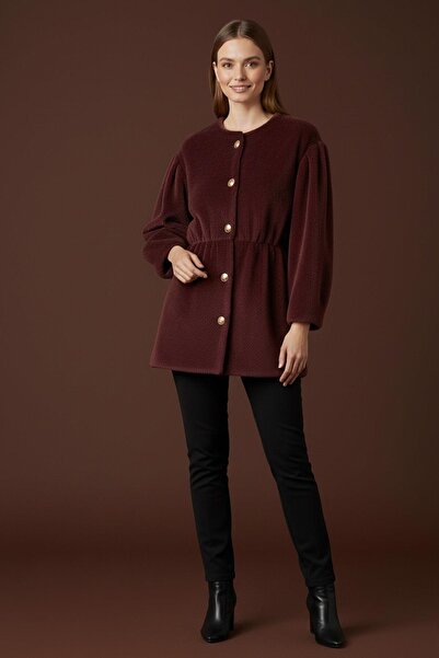Loreen Women's Front Buttoned Waist Detailed Plush Coat -20723Kbn - Burgundy