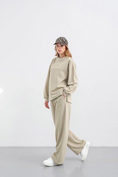 Basicpark Haki̇ Women's O Oversized Pique Textured Wide-Leg Top and Bottom Set