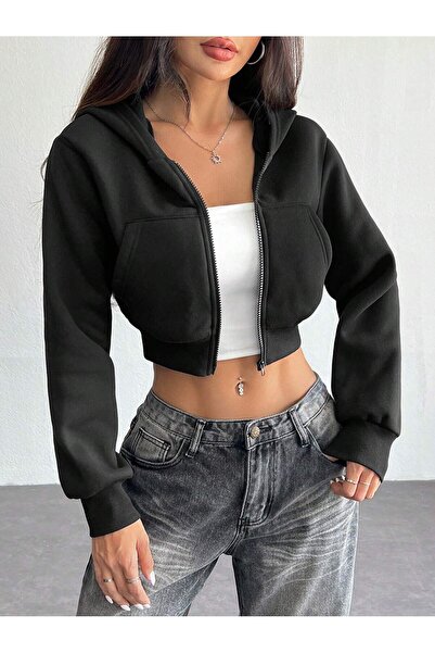 BALİNA Black 3-Thread Cotton Zippered Hooded Crop Cardigan
