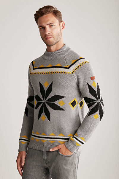 Hemington Kaşmir Yün Karışım Lupetto Yaka Kar Desen Gri Kazak