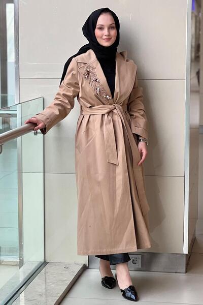 Nuss Double-Breasted Trench Coat with Beaded Collar