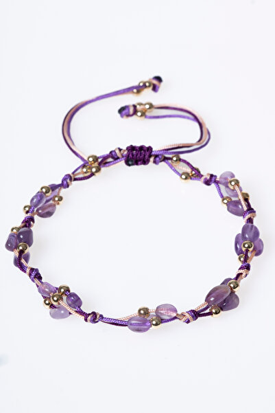 OSMANLI DEĞERLİ TAŞ Certified Natural Stone Amethyst-Hematite Natural Cut Macrame Bracelet Odt009