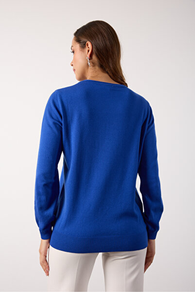 Moda Days Women's Saks Blue Shoulder Embroidered Round Neck Knitwear Blouse
