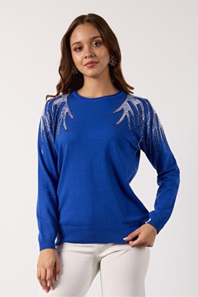 Moda Days Women's Saks Blue Shoulder Embroidered Round Neck Knitwear Blouse