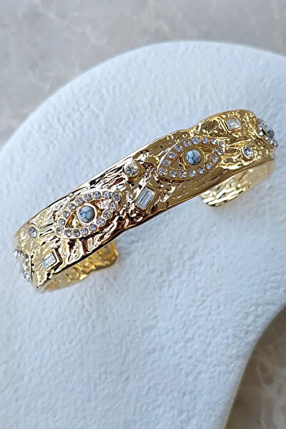 Vitastyle Vintage Steel Clasp Bracelet with Gold Color Eye Shape Stone Detail