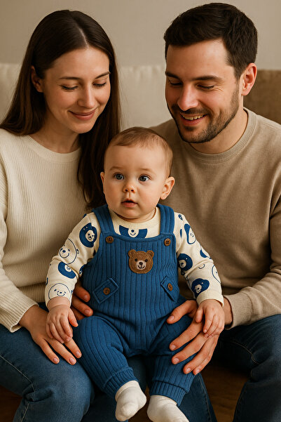 MYZİ STORE Baby Boy 3-Piece Romper Set - Teddy Bear Patterned Romper, Bear Embroidered Salopet and Socks Set, Cotton