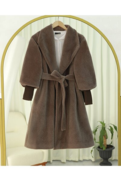 Modamorfo Ribbed Sleeve Shawl Collar Lined Cashmere Coat -Toprak