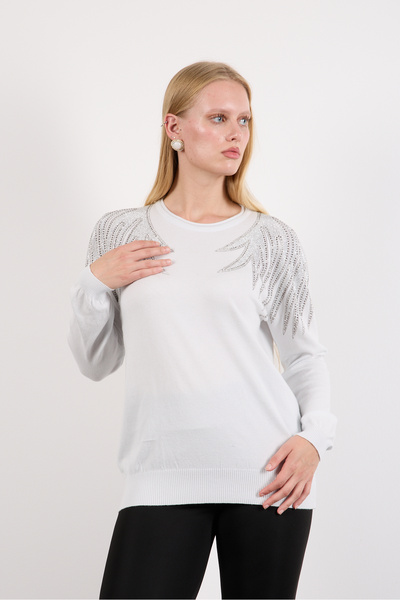 Clothes Fast Women's White Shoulder Embroidered Round Neck Knitwear Blouse