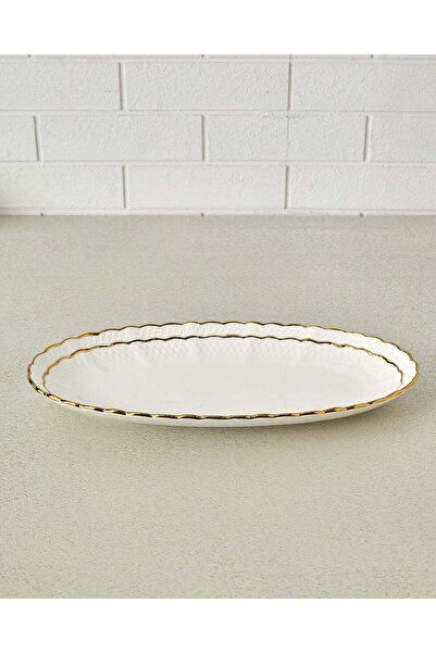REDTAG White Shallow Oval Shaped Platter With Gold Rim