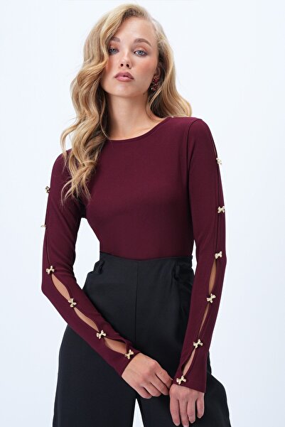 Trend Alaçatı Stili Kadın Bordo Bisiklet Yaka Kolu Gold Düğme Detaylı Ottoban...