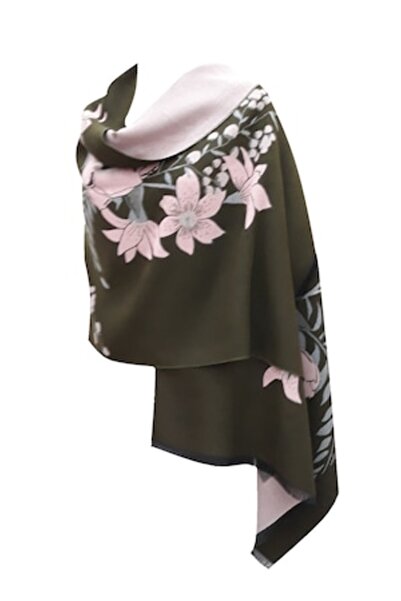 L-line fashion - Women's Reversible Shawl, Kaki Green/Pink, Floral, 190x65 cm