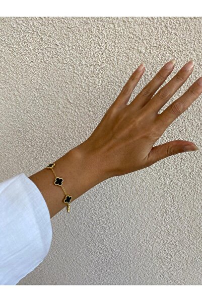 stainless steell Siyah Taşlı Gold Çift Yönlü Yonca Van Cleff Mini Çelik Bileklik