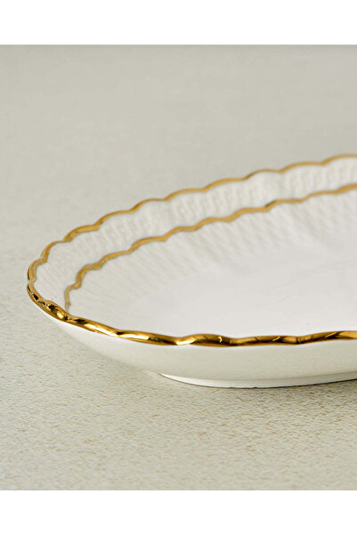 REDTAG White Shallow Oval Shaped Platter With Gold Rim