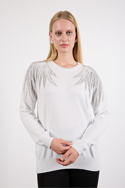 Clothes Fast Women's White Shoulder Embroidered Round Neck Knitwear Blouse