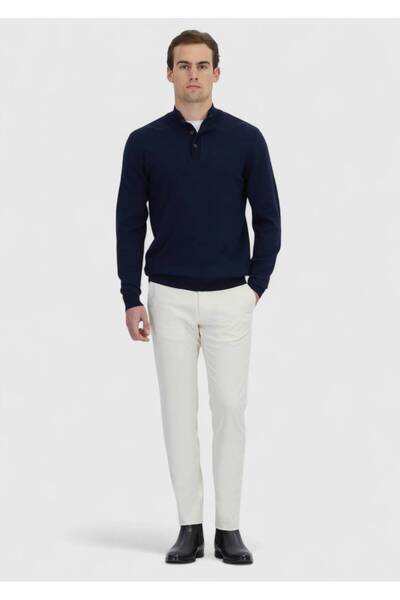 Ramsey Navy Blue Polo Neck Plain Knit Sweater