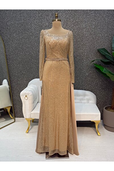 E&A Eren Abiye GOLD UZUN KOLLU PELERİNLİ BALIK ABİYE