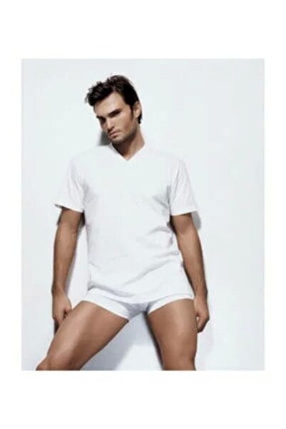 Çift Kaplan Tricou alb cu decolteu în V pentru bărbați din jerseu simplu 945