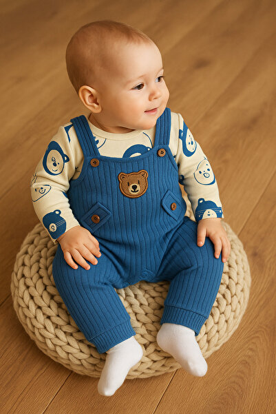 MYZİ STORE Baby Boy 3-Piece Romper Set - Teddy Bear Patterned Romper, Bear Embroidered Salopet and Socks Set, Cotton