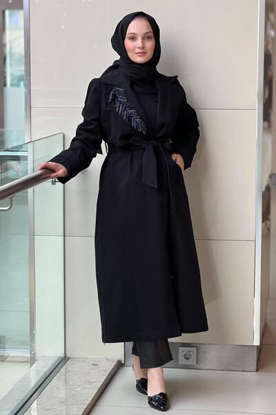 Nuss Double-Breasted Trench Coat with Beaded Collar