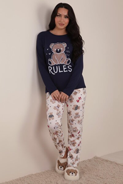 Niket Life Women's Rules Slogan and Teddy Bear Printed Six Patterned Interlock Crew Neck Long Sleeve Six Long Pijamas