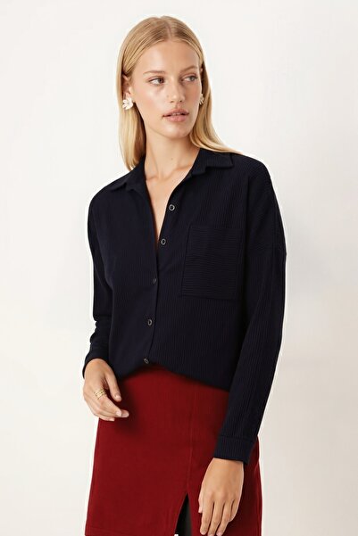 armonika Women's Navy Blue Pocket Oversized Slim F Corded Fabric Velvet Shirt Arm-24K001076