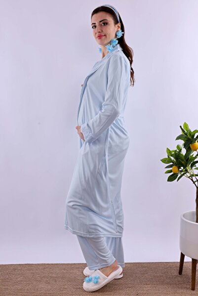 ByLohusa Effortt Blue Cotton Maternity Pajamas Set with Dressing Gown