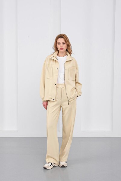 Basicpark Yellow Women's Pique Textured Waist Adjustable Oversized Jacket Pants Set
