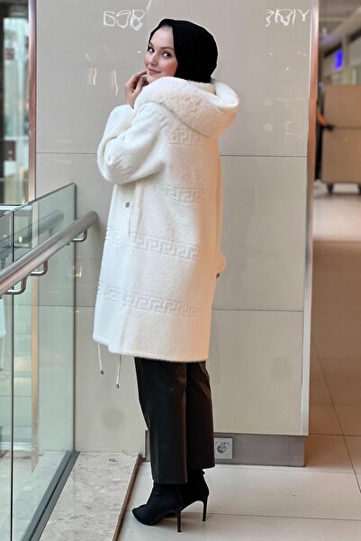 Ghisa Hooded Front Snap Fastener Grek Patterned Coat