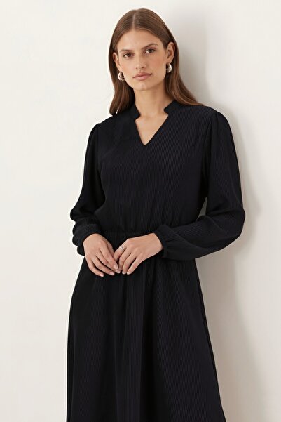 armonika Women's Anthracite Velvet V-Neck Elastic Waist Slim F Corded Fabric Flared Dress Arm-25K001049