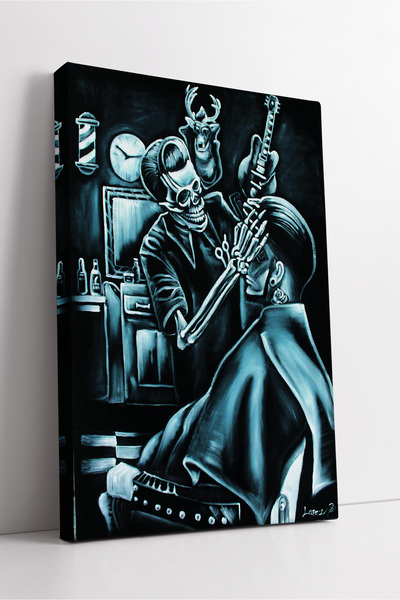 KOSS Dijital Pictură decorativă pe pânză pentru coafor modern pentru bărbați, cu ilustrație de schelet în stil întunecat