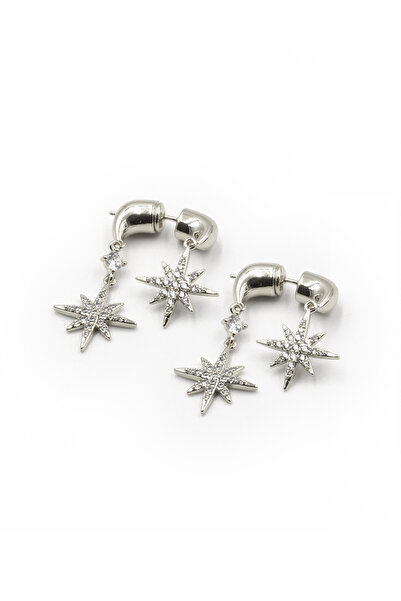 Sose Moda Double North Star Dangle Silver Earrings – Zircon Stone, Stylish and Screw-Back Design