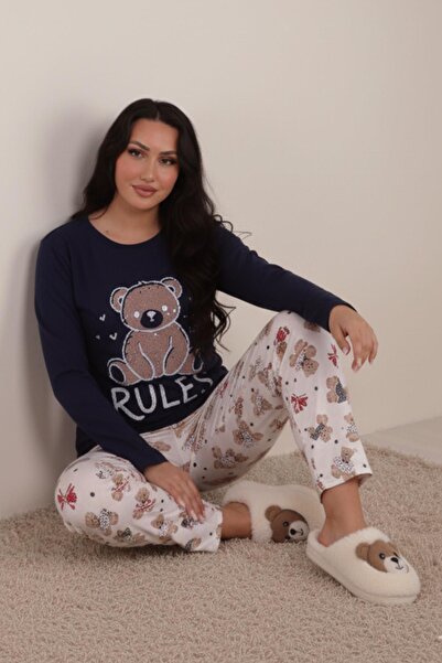 Niket Life Women's Rules Slogan and Teddy Bear Printed Six Patterned Interlock Crew Neck Long Sleeve Six Long Pijamas