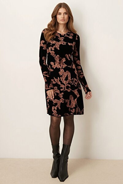 armonika Women's Black-Beige Crew Neck Long Sleeve Dress Arm-26K001029