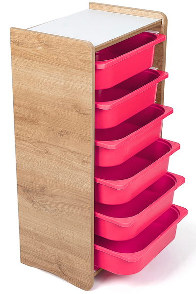 BEEVOLİ Montessori Tarzı Ceviz MDF 6 Pembe Çekmeceli Oyuncak ve Kitap Dolabı