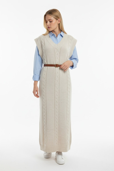 NEWCO V-Neck Sleeveless Knit Patterned Midi Knitwear Dress Soft Texture & Loose Fit