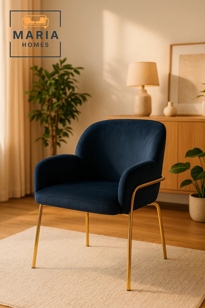 MARIA HOMES Luxury Navy Blue Velvet Dining Chair with Armrests & Gold Metal L...