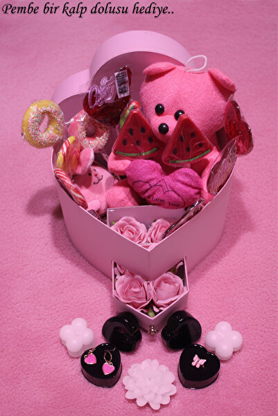 Goldwither Sevgiliye Hediye Takımı Pembe Renk Kalpli Çekmeceli Kutu Ayıcık Şe...