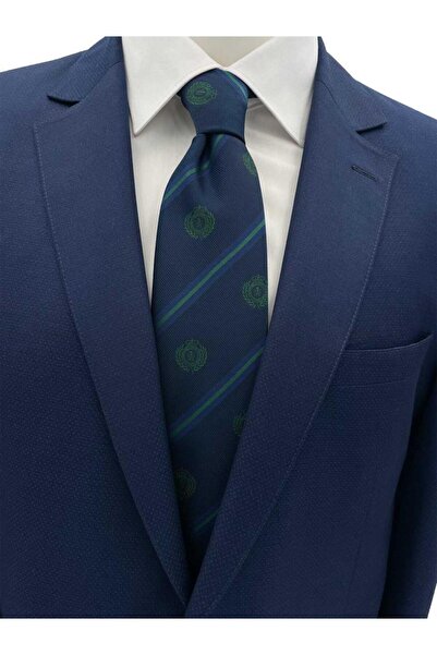 Brianze 8 cm Navy Blue Green Striped Coat of Arms Patterned Tie