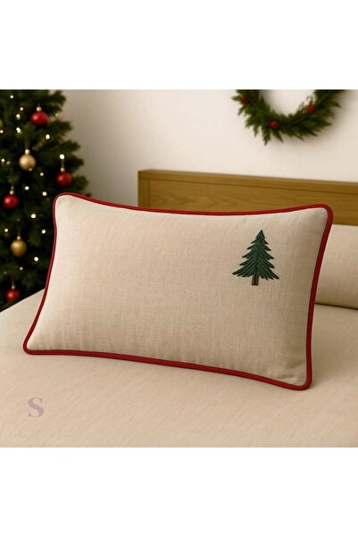 shules collection Pine Tree Embroidered Fluffed Buldan Linen Pillowcase (50X70) 1 Piece