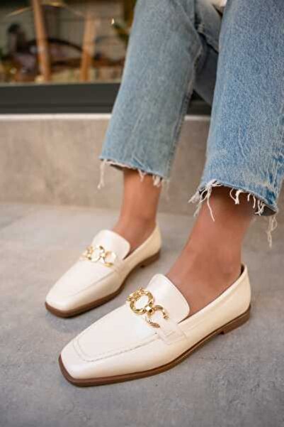 LAMİNTA Biens Ecru Leather Women's Flat Sole Shoes with Gold Detail