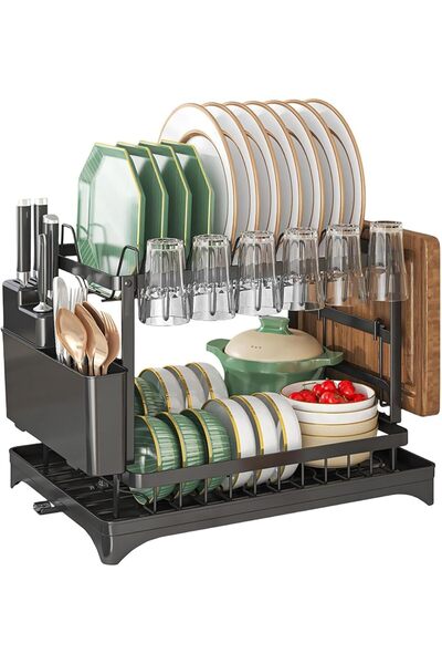 Home Dwell رف تجفيف أطباق من الفولاذ المقاوم للصدأ مكون من طبقتين مع صينية تن...