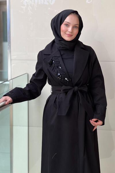 Nuss Double-Breasted Trench Coat with Beaded Collar