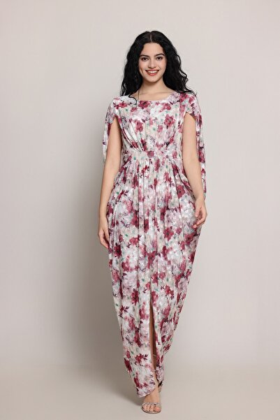 berlanty Floral print chiffon maxi dress with an elegant cape design