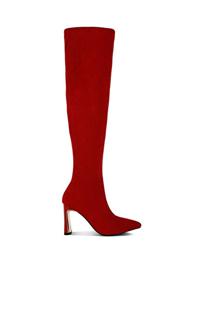 london Rag Women Slim Block Heel Long Boots in Red