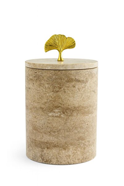 Modestmar Natural Travertine Trash Can - Gold Ginko