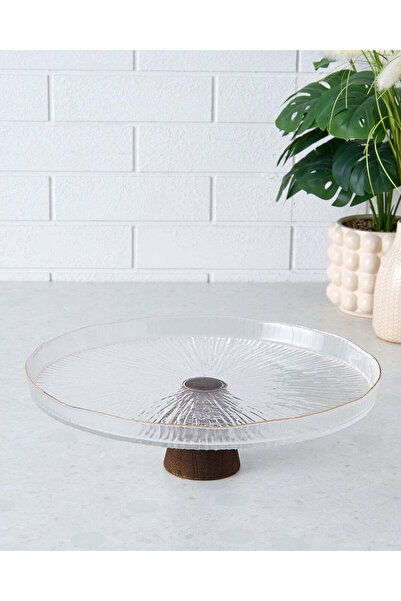 REDTAG Clear And Brown Glass Cake Plate With Wooden Stand